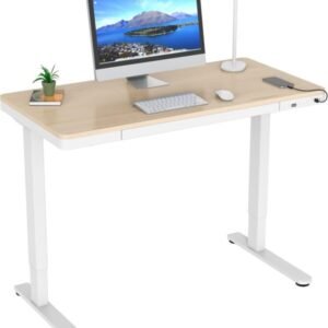 Mount-It! Electric Standing Desk – 47.2″ Adjustable Height Sit-Stand Desk with USB Ports, Drawer, and Touch Controls – White Frame with Maple Top