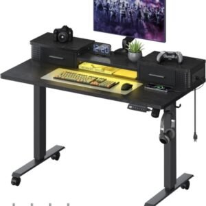 VASAGLE Electric Standing Desk – 47.2″ Adjustable Sit-Stand Desk with LED Lights, Drawers, Power Outlets, and Memory Settings – Ink Black