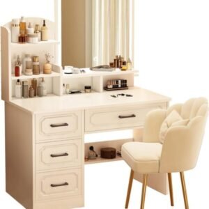 Wooden Vanity Desk with Mirror and Lights for Girls