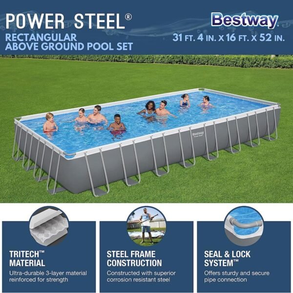Mowterra Power Steel Rectangular Above Ground Pool Set – 31ft x 16ft x 52in