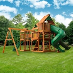 Wooden Outdoor Swing Set with Dual Slides, Swings & Climbing Features