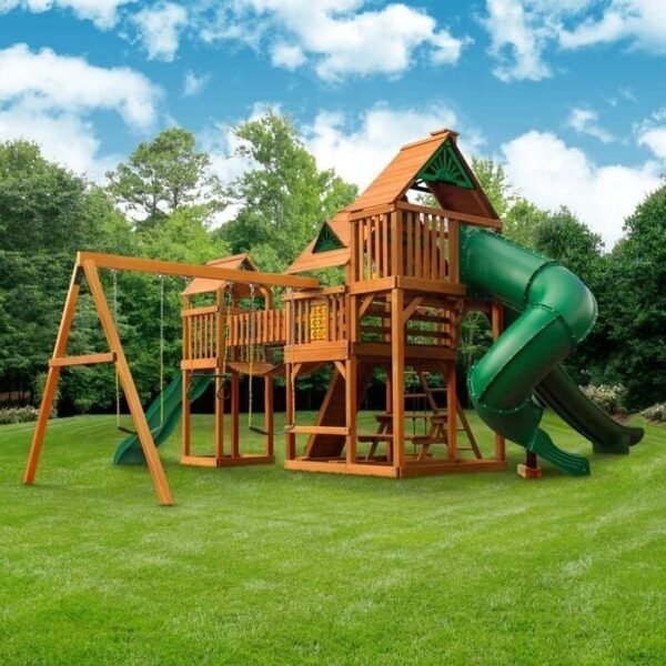 Wooden Outdoor Swing Set with Dual Slides, Swings & Climbing Features