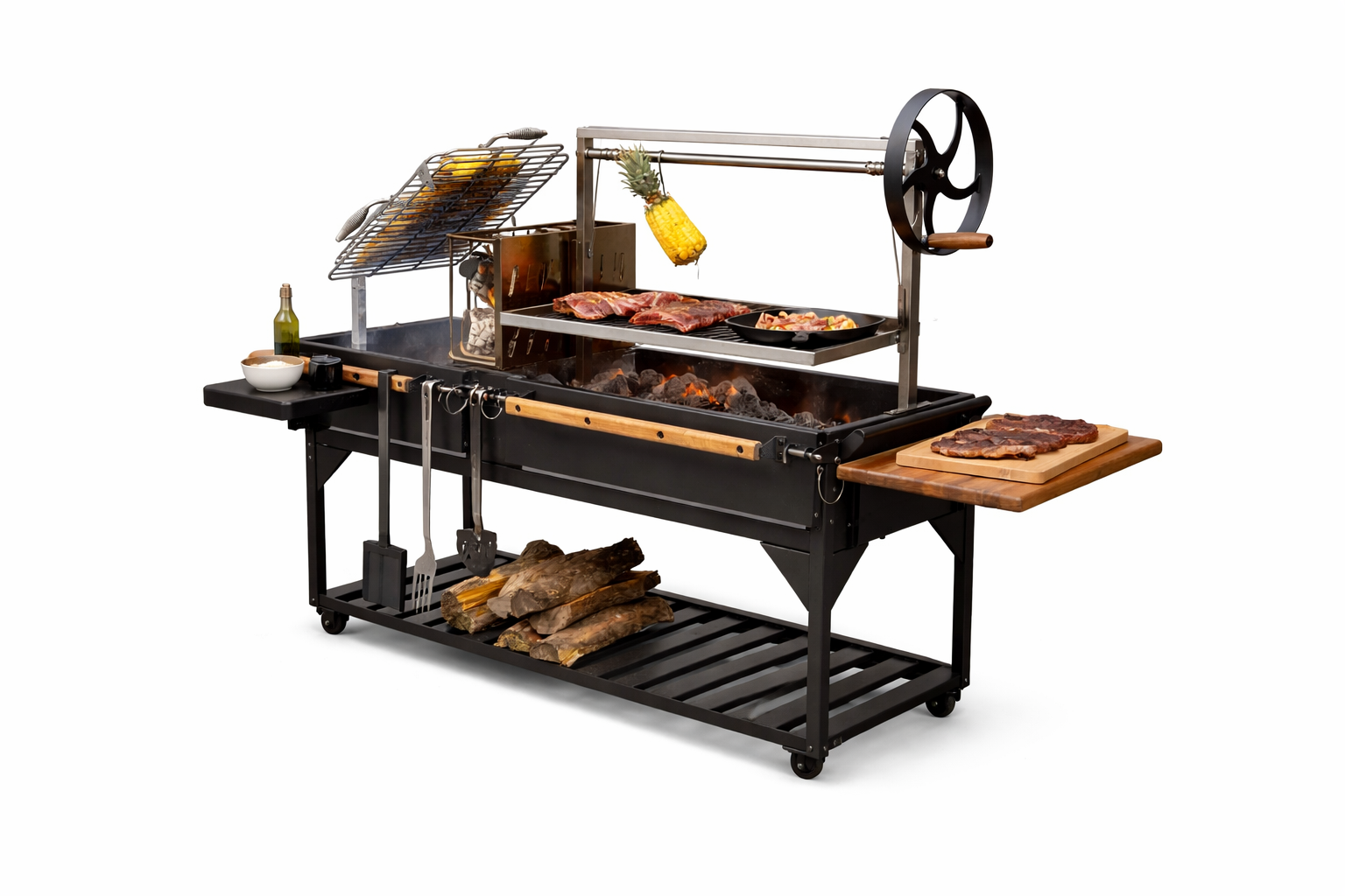 Argentine Santa Maria XL Dual-Zone Live Fire Grill – Heavy-Duty Adjustable Height Grates with Integrated Brasa Brasero and V-Channel Grease Management