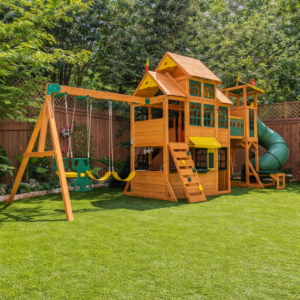 KidKraft Bear Cave Lodge Premium Wooden Playset – Grand Double-Tower Swing Set with Tunnel Slide, Cafe Kitchen, and Interactive Sand & Water Station