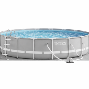 Intex 26743EP Prism Frame™ Above Ground Pool Set – 18ft x 48in Premium Greywood Design with 1500 GPH Krystal Clear™ Filter Pump, Ladder, and Debris Cover