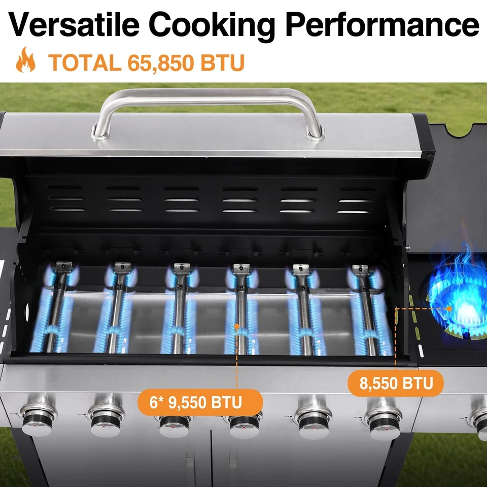 Premium 6-Burner Propane Gas Grill with Independent Side Burner – Porcelain-Coated Cast Iron Grates, Integrated Griddle Plate, and High-Capacity Warming Rack - Image 2
