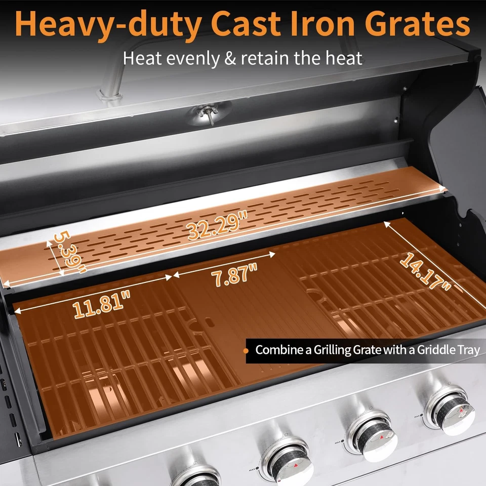 Premium 6-Burner Propane Gas Grill with Independent Side Burner – Porcelain-Coated Cast Iron Grates, Integrated Griddle Plate, and High-Capacity Warming Rack - Image 4
