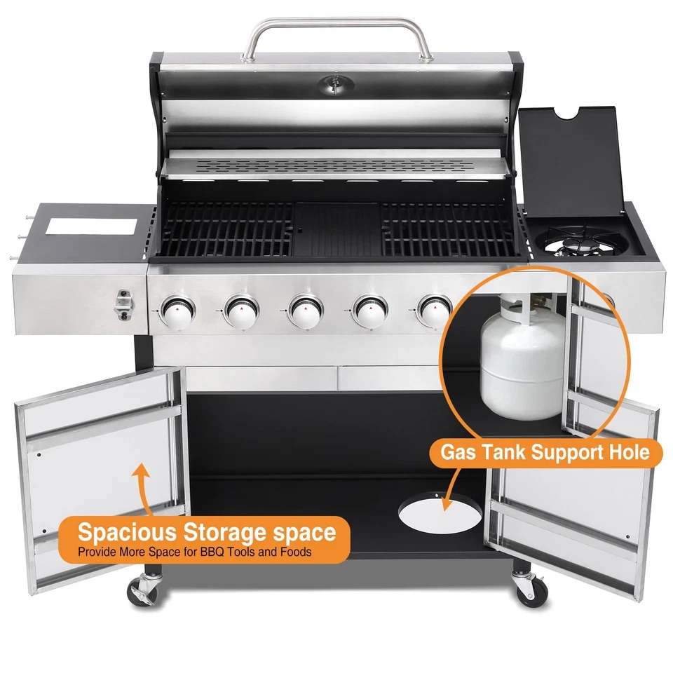 Premium 6-Burner Propane Gas Grill with Independent Side Burner – Porcelain-Coated Cast Iron Grates, Integrated Griddle Plate, and High-Capacity Warming Rack