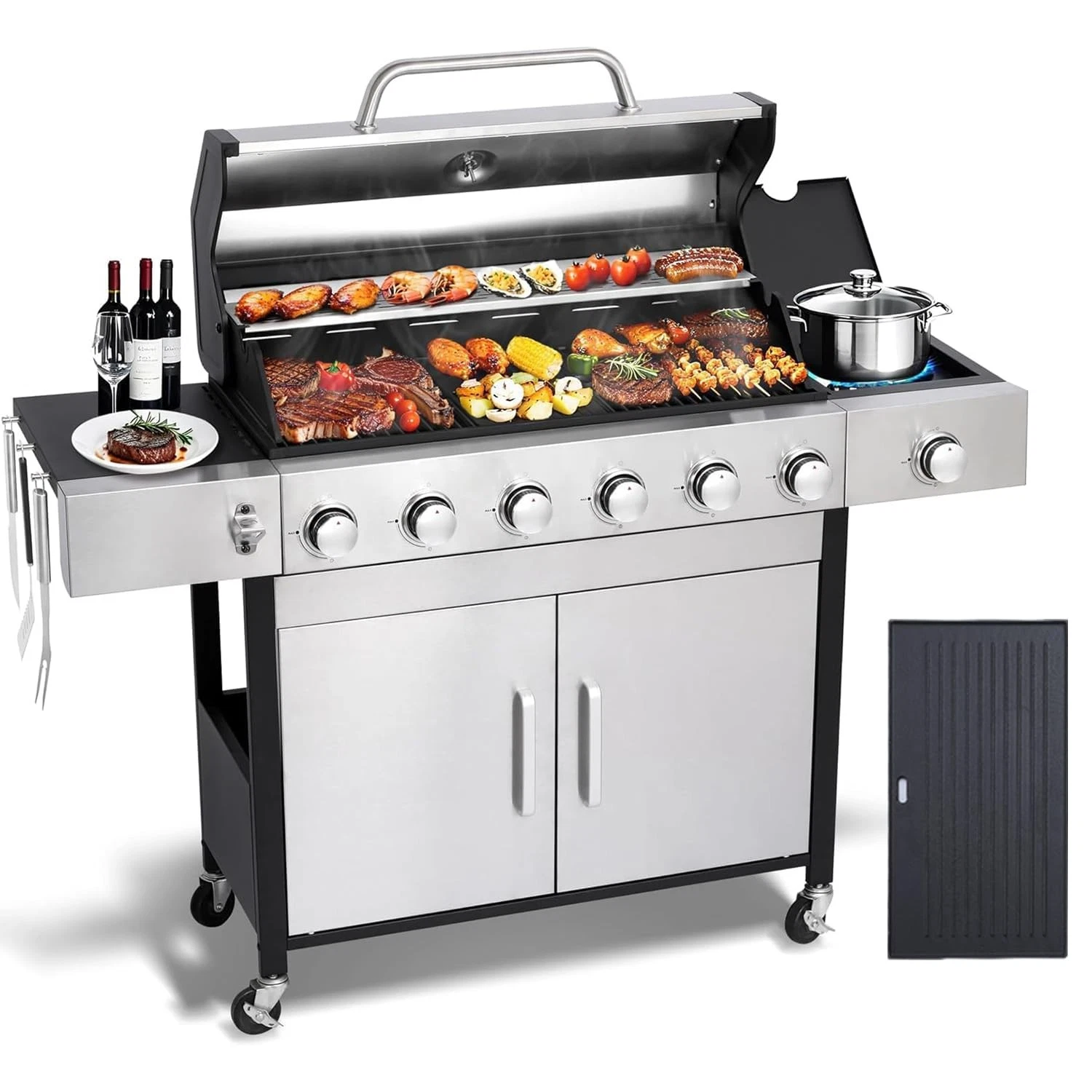 Premium 6-Burner Propane Gas Grill with Independent Side Burner – Porcelain-Coated Cast Iron Grates, Integrated Griddle Plate, and High-Capacity Warming Rack - Image 3
